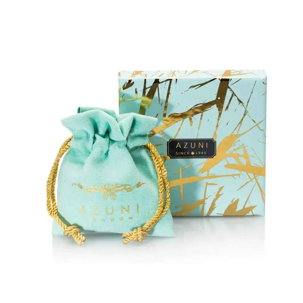 Luxury turquoise drawstring pouch with gold logo and blue and gold patterned Azuni branded jewelry box