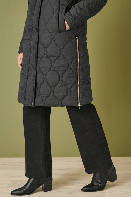 Yumi Black Padded Quilted Long Coat With Zip Detail And Hood Yumi