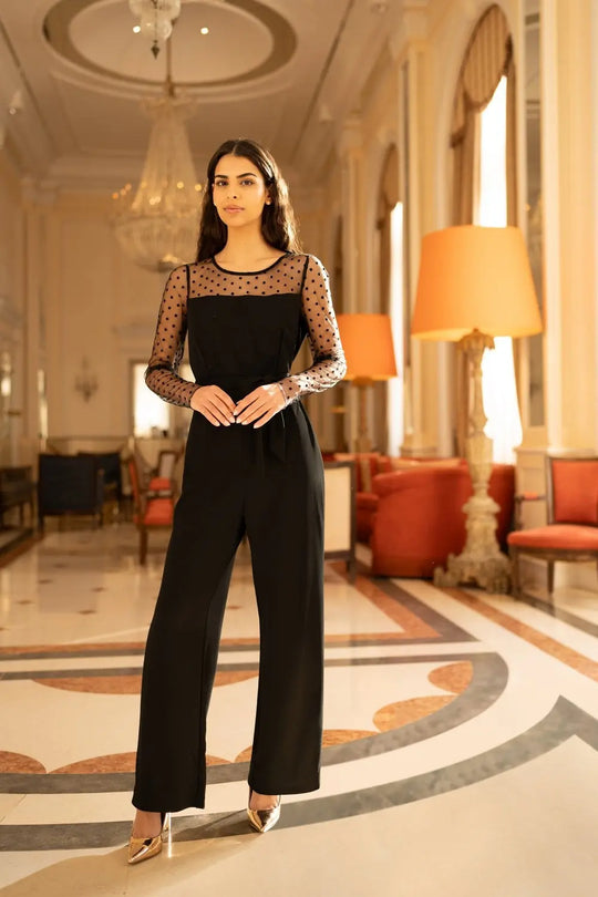 Yumi Black Spot Mesh Stretch Jumpsuit - Ezeyor