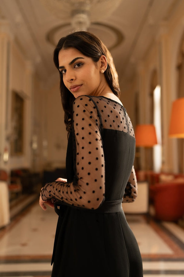 Yumi Black Spot Mesh Stretch Jumpsuit - Ezeyor