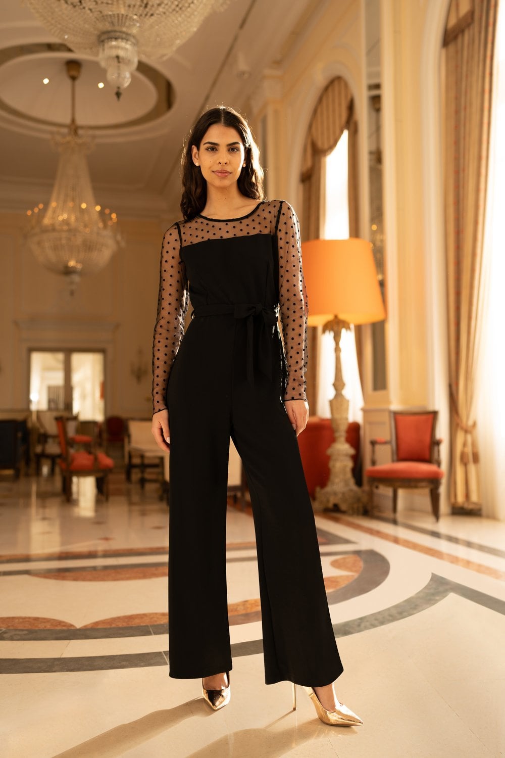 Yumi Black Spot Mesh Stretch Jumpsuit - Ezeyor