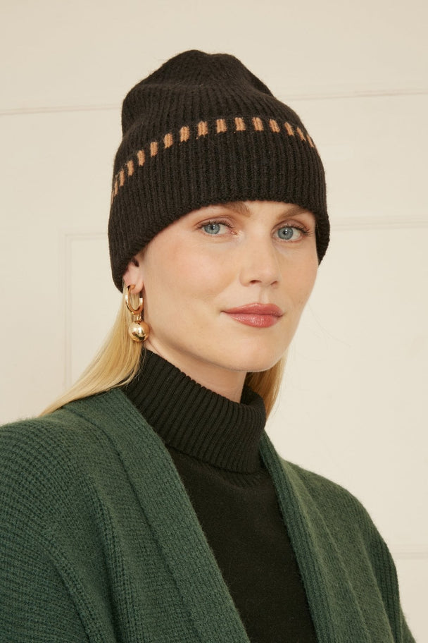 Black Two Tone Ribbed Beanie Yumi