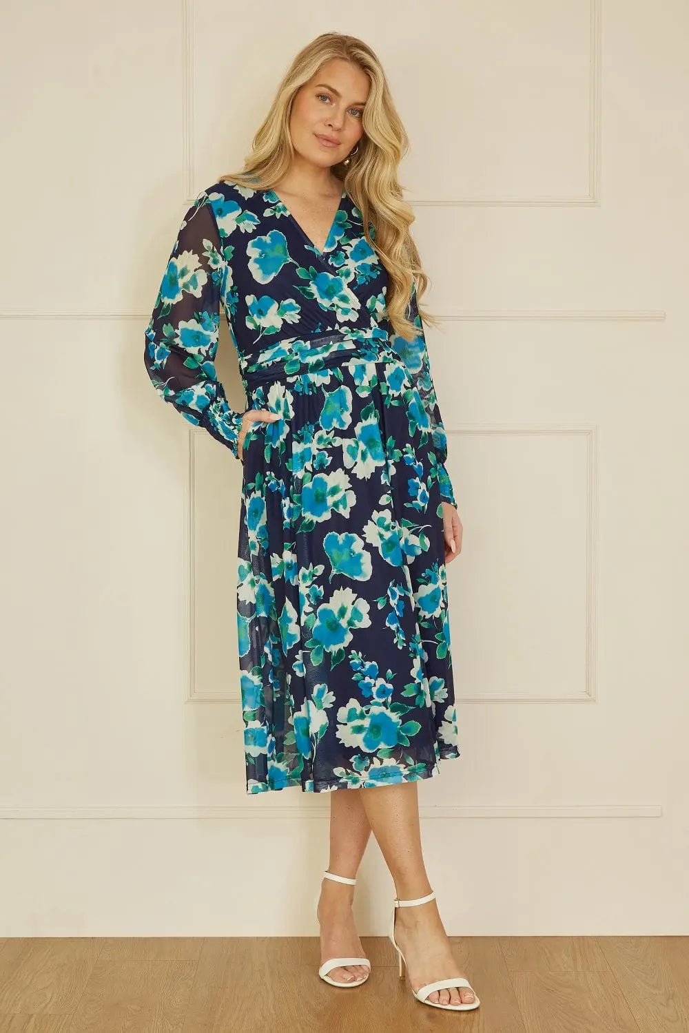 Yumi Blue Floral Mesh Wrap Dress With Long Sleeves Yumi