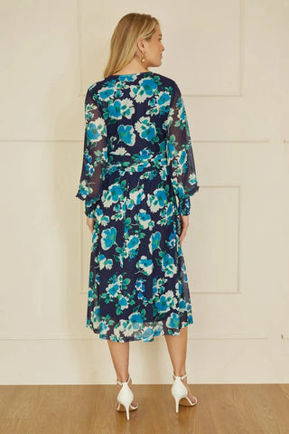 Yumi Blue Floral Mesh Wrap Dress With Long Sleeves Yumi
