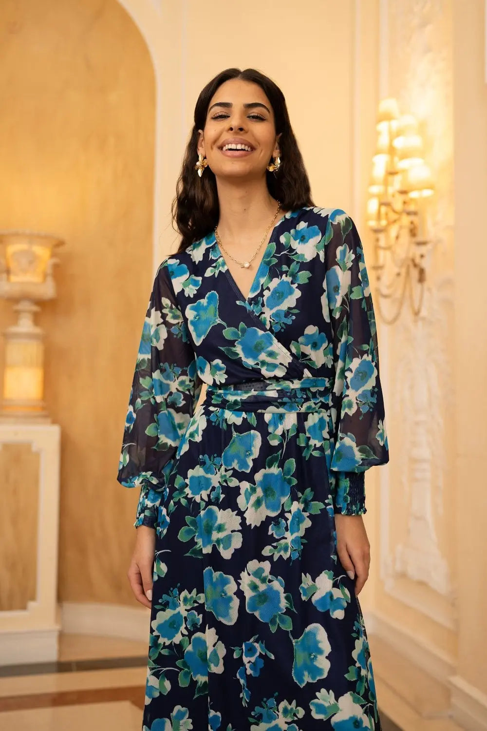 Yumi Blue Floral Mesh Wrap Dress With Long Sleeves Yumi