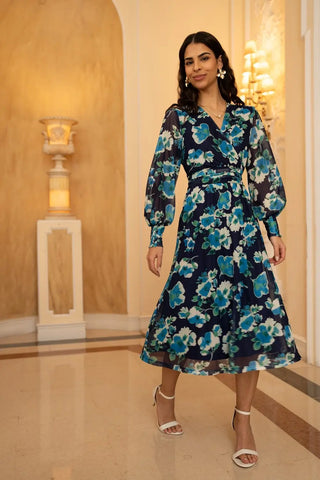 Yumi Blue Floral Mesh Wrap Dress With Long Sleeves Yumi