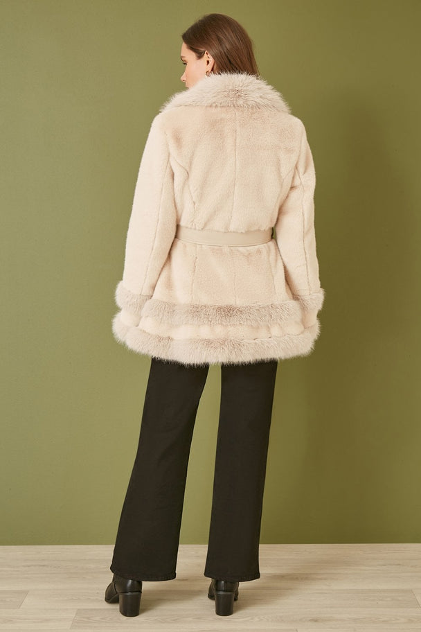 Cream Luxe Faux Fur Swing Coat With Tie Belt Yumi