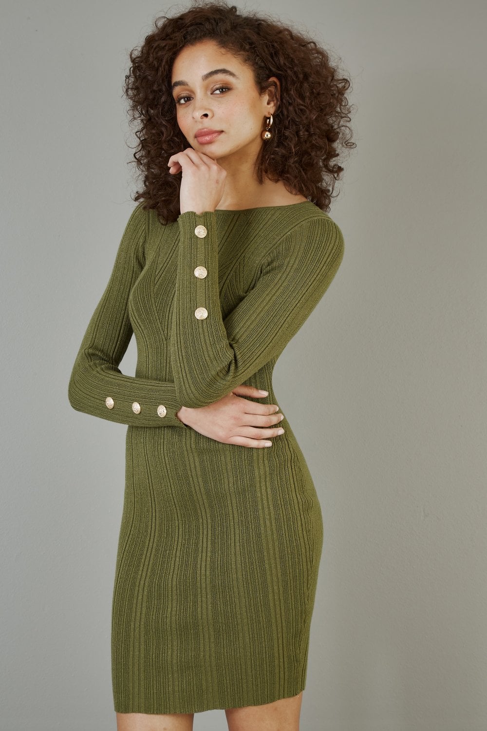 Green Shimmer Fitted Midi Dress With Button Yumi