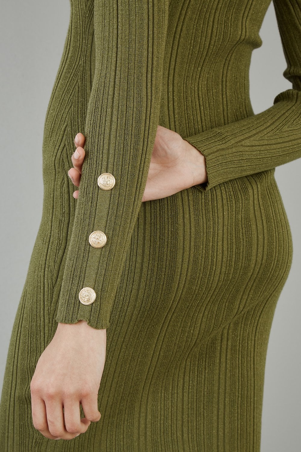 Green Shimmer Fitted Midi Dress With Button Yumi