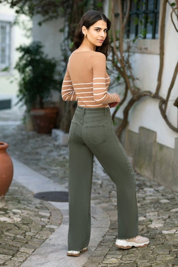 Green Stretch Canvas Wide Leg High Waist Jeans Yumi